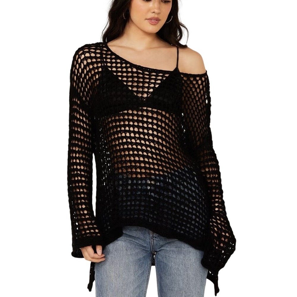 POL Open Crochet Sweater Womens M Black Loose Airy Bohemian Western Festival